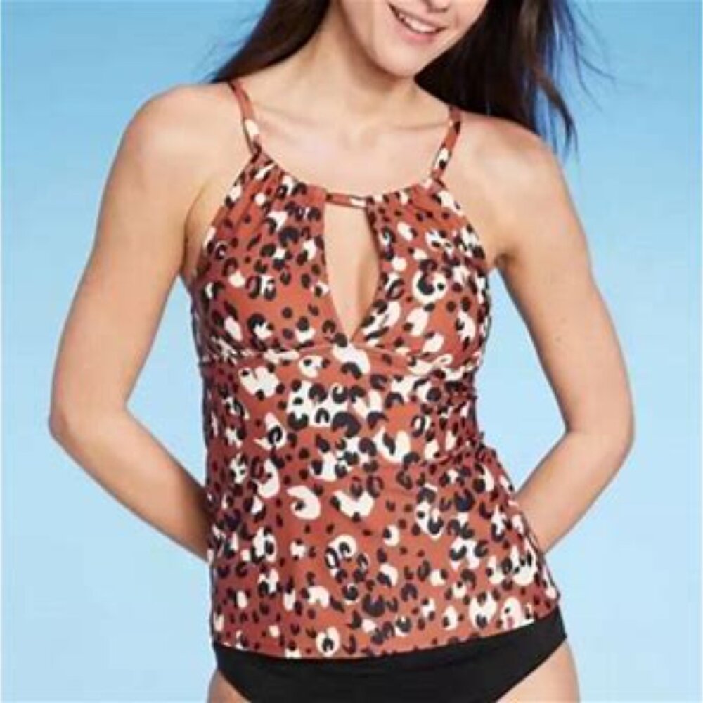 Kona Sol Swimwear Leopard Print Women's Tankini High Neck Keyhole Small NWT